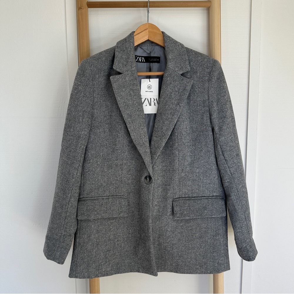 Grey Straight Cut Wool Blend Herringbone Blazer Zara